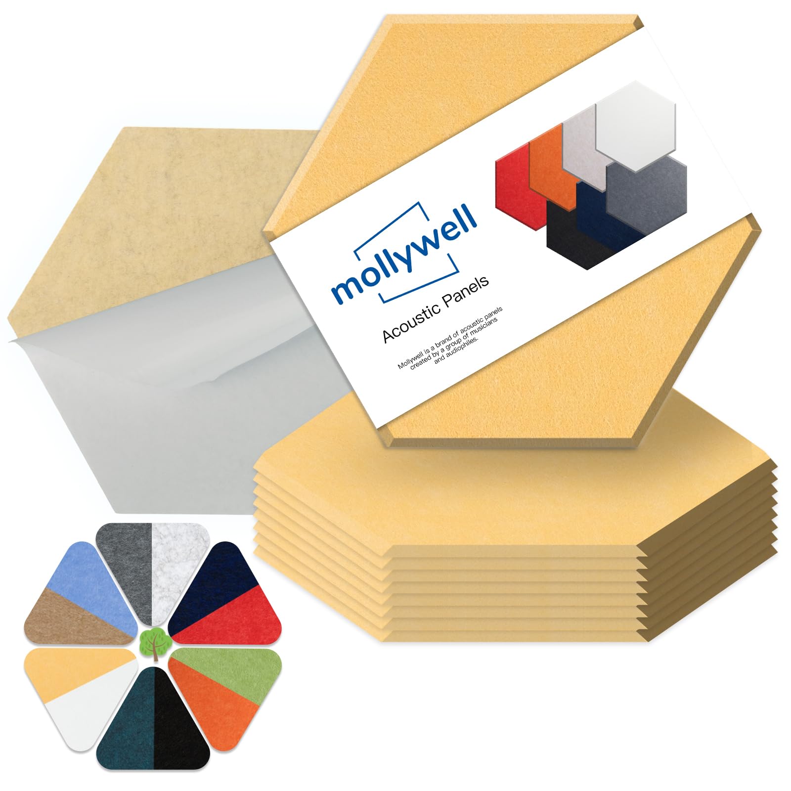 Mollywell Hexagon Acoustic Panels, High Density, Soundproofing, Decorative Noise Reduction Felt Wall Tiles For Ceilings, Home Of